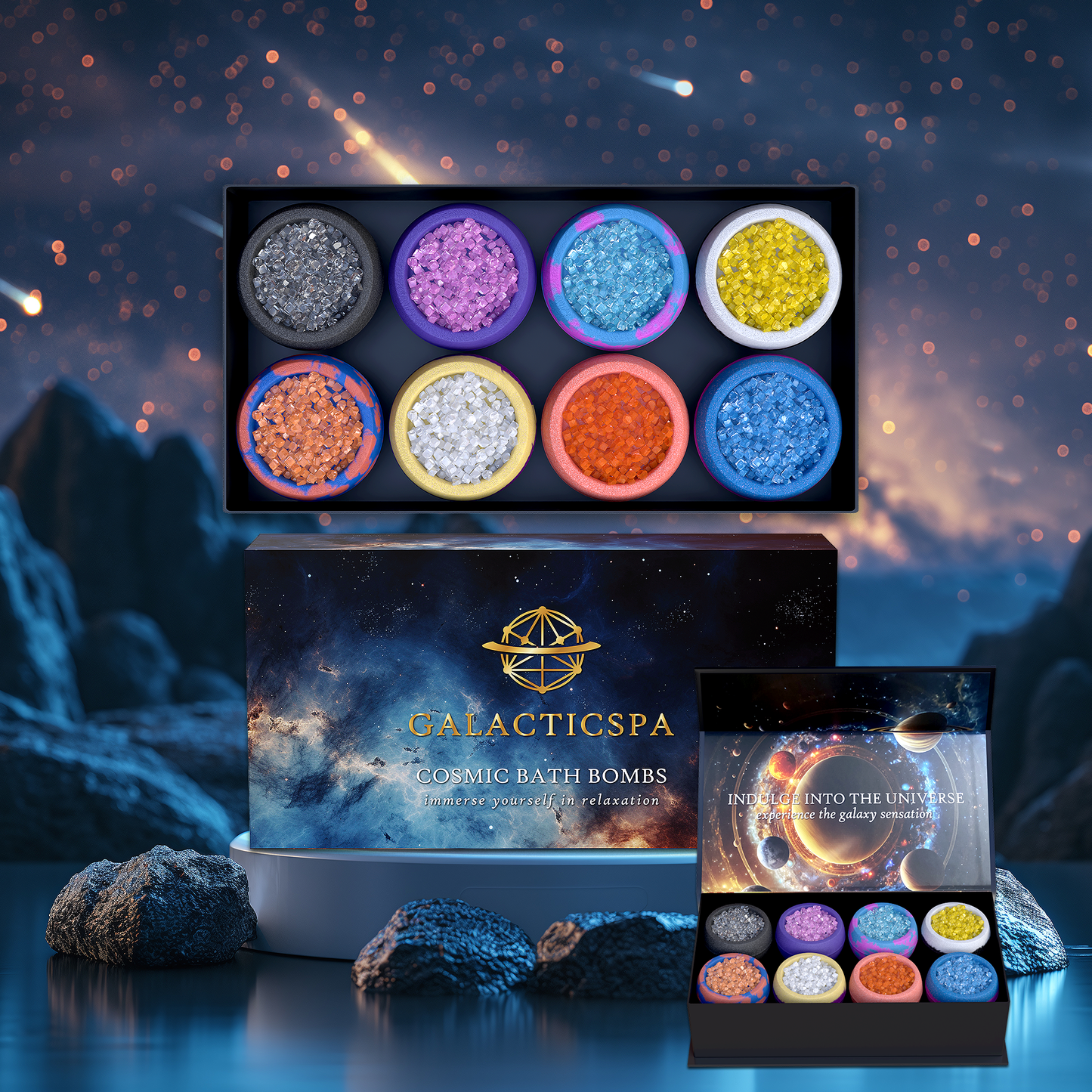 Crystal epsom salt cosmic space themed bath bombs, perfect for a gift and for bath lovers.