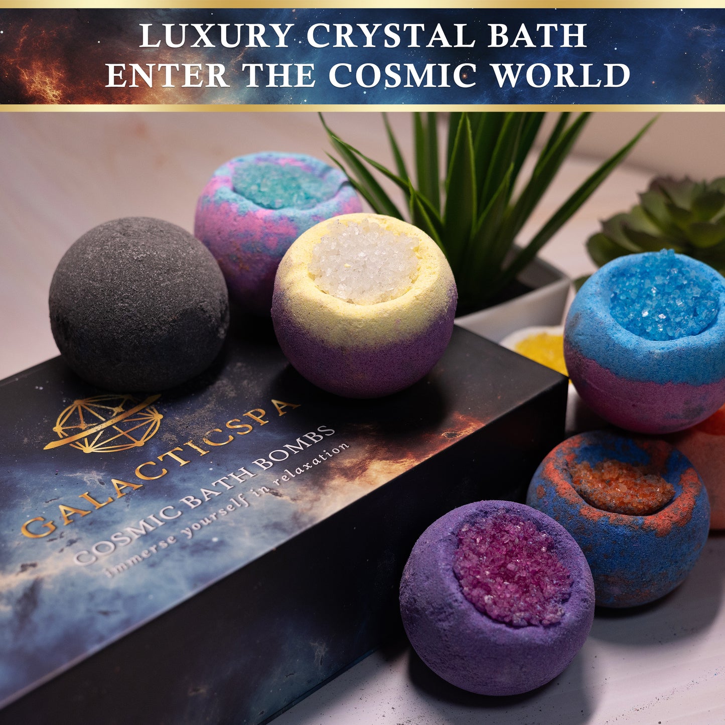 Luxury gift set, enter the cosmic world with our relaxing epsom salt bath bombs.