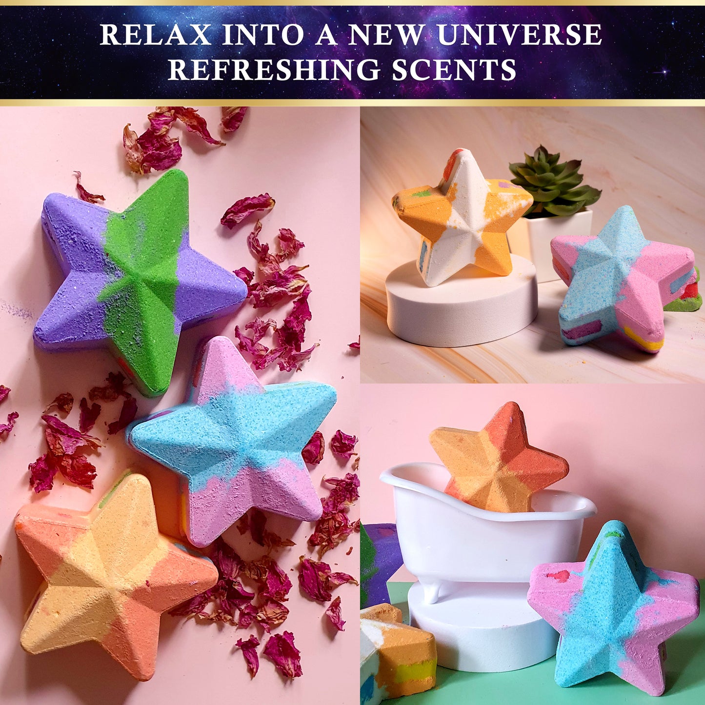 Space Rainbow Star Bath Bombs / 6 x 80g Luxury Bath Bomb Gift Set - Galacticspa
