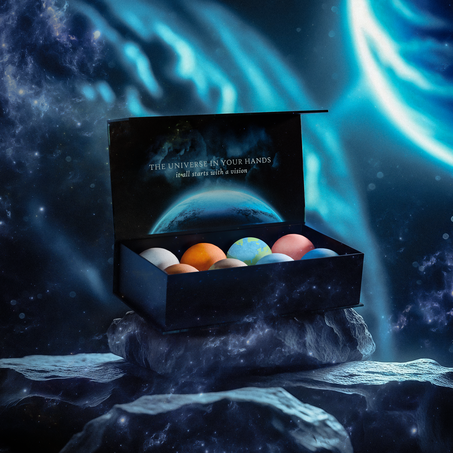 Galaxy-themed planet bath bombs in gift box on space rocks – cosmic bath bomb set for all ages