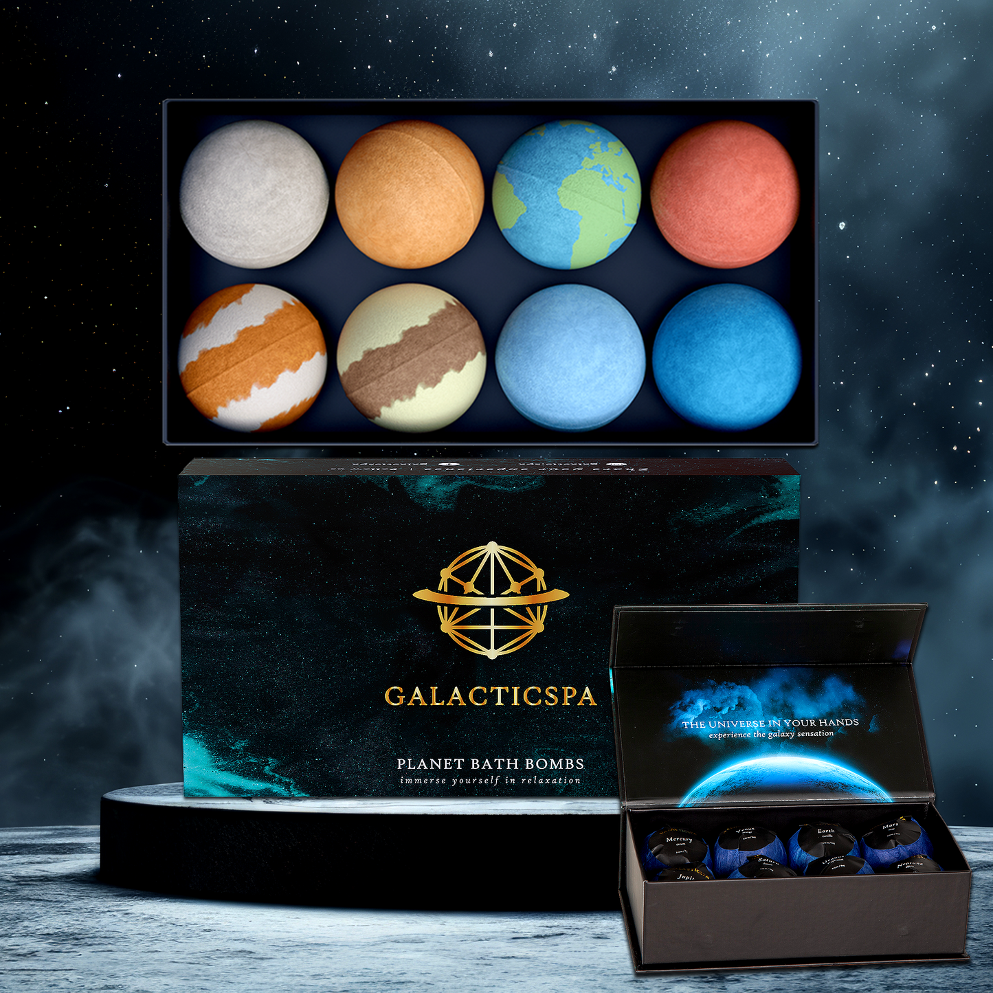 Galacticspa planet-themed bath bombs gift set in a luxury magnetic box with space design