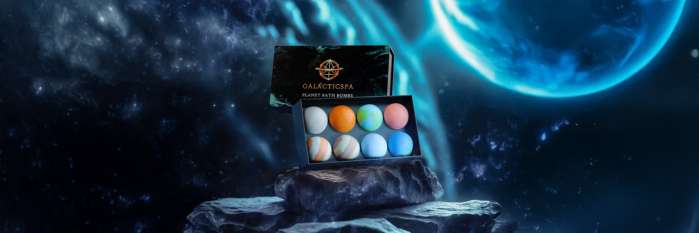 Gift box of planet-themed bath bombs on a rocky surface with outer space and Earth in the background