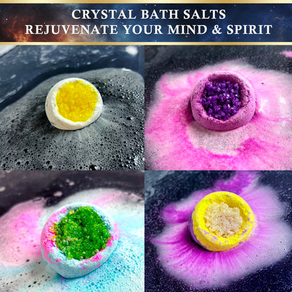 Colourful cosmic crystal bath salt bombs fizzing in water, featuring vibrant cores of yellow, purple, green, and white salts with colourful foam bursts around them.