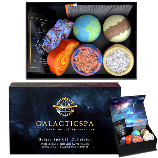 Galacticspa Galaxy Spa Gift Set – 2 x Planet Bath Bombs, 2 x Cosmic Bath Bombs, 2X Galaxy Bubble Bars & Coconut Epsom Salt – Relaxing Space-Themed Bath Set for Men & Women - Galacticspa