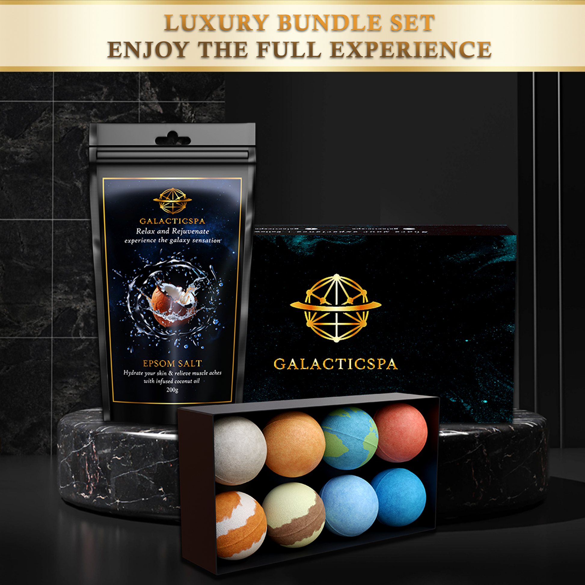Bath Bombs with 200g Coconut Epsom Salt / 8 x 60g Handmade Planet Themed - Galacticspa