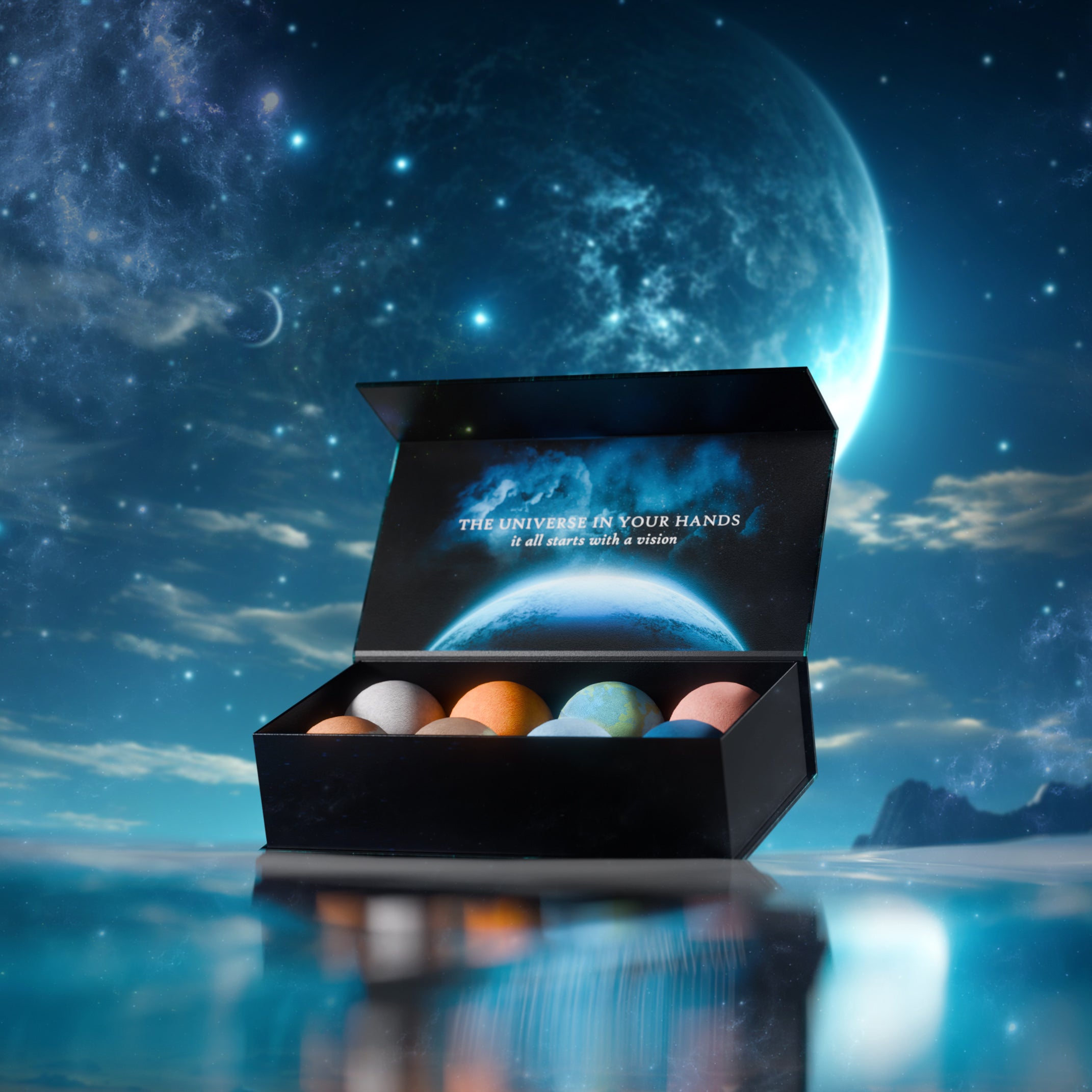 Galacticspa luxury bath bomb gift box with 8 planet-themed bath bombs set against a galaxy background – includes scents like jasmine, orange, vanilla and more, ideal gift for men, women, teens and kids