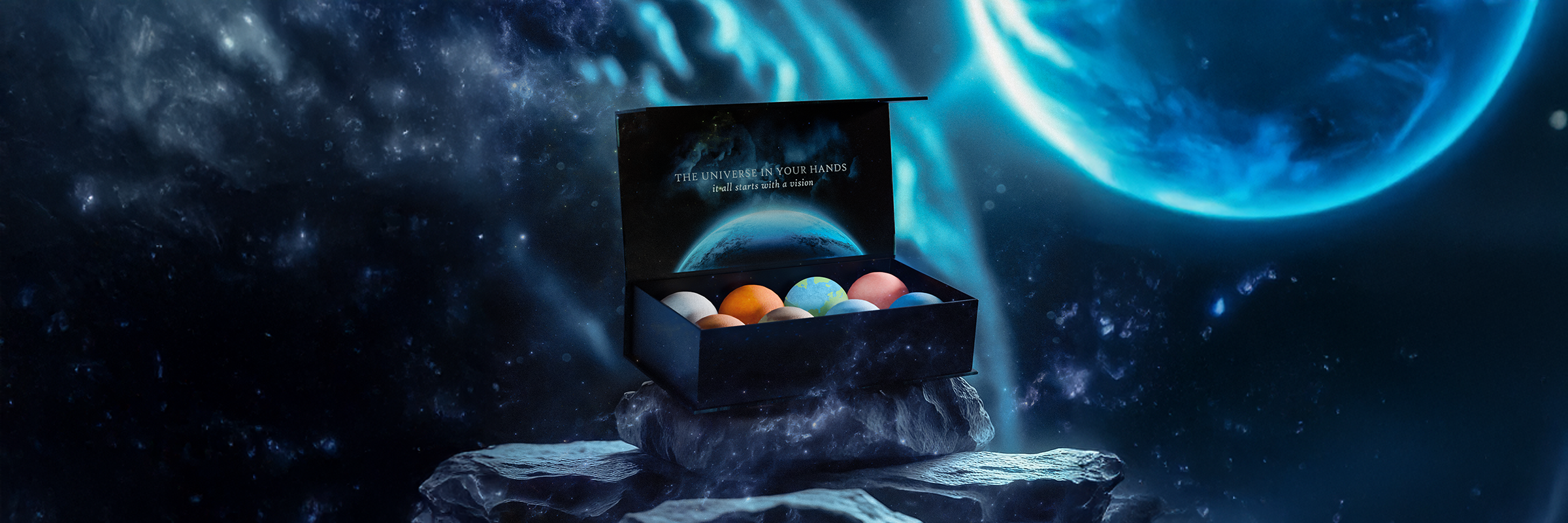 Planet bath bomb gift set with cosmic packaging, displayed in a space-themed setting with Earth and stars